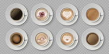 Realistic Coffee Cup. Top View Of Milk Creams In Cup With Espresso Cappuccino Or Latte, 3d Isolated Cafe Mugs. Vector Illustration Coffee Drink With Image On Foam In White Cups Set On Transparent