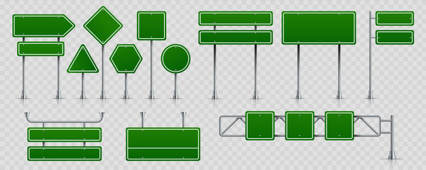 Road signs. Highway traffic signboard and blank street boards, green road pointers isolated on transparent background. Vector set road board text panel, location street arrow way