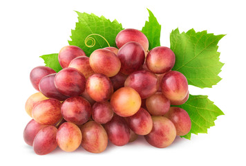 Isolated grapes. Cluster of pink grape with leaves isolated on white background with clipping path