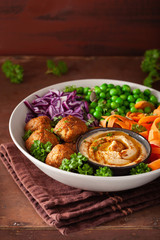 Canvas Print - healthy vegan lunch bowl with falafel hummus carrot ribbons cabbage and peas