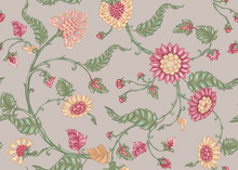 Seamless Indian Floral Ethnic Pattern With Bird. Colored Vector Illustration. On Beige Background.