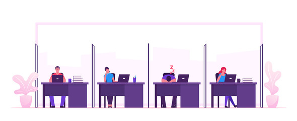 Wall Mural - Male and Female Businesspeople Characters Sit at Tables with Computers in Modern Coworking Area Working and Relaxing at Workplace. Business People Teamworking Project Cartoon Flat Vector Illustration