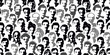 Seamless pattern group of people. Lots of different avatars. Different nationalities, clothes and hairstyles. Portraits of men and women. Black and white flat people character design.