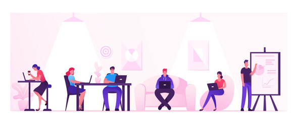 Wall Mural - People Working Relaxing Drinking Coffee and Messaging with Gadgets in Coworking Area or Creative Office. Teamwork Communication, Digital Technologies and Crowdsourcing Cartoon Flat Vector Illustration