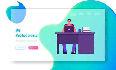 Wall Mural - Office Worker Lifestyle Website Landing Page. Young Smiling Man Working on Laptop Sitting on Chair at Table with Laptop in Coworking Area or Company Web Page Banner. Cartoon Flat Vector Illustration