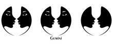 Set Profile Of Two Girl, Sign Of Gemini. Logo. Vector Silhouette Image.