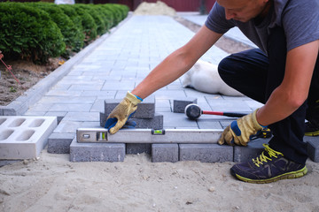 The master in yellow gloves lays paving stones in layers. Garden brick pathway paving by professional paver worker. Laying gray concrete paving slabs in house courtyard on sand foundation base.