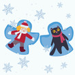 Happy cat and girl making snow angel. merry christmas greeting card template.