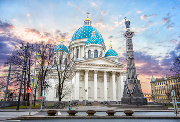 Wall Mural - The Trinity Izmailovo Cathedral (Troitsky sobor; Troitse-Izmailovsky sobor), sometimes called the Troitsky Cathedral, in Saint Petersburg, Russia at sunset.