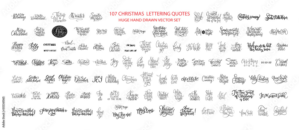 Christmas Hand Drawn Ink Lettering Vector Greeting Quotes. Merry Christmas and Happy New Year Big Textured Calligraphy Set. Xmas Typography Collection. - obrazy, fototapety, plakaty 