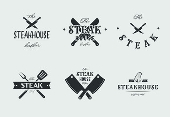 Steak house set logo with grill, steak, knife, meat, wine and beer. A restaurant. Steak cafe. Vector illustration.