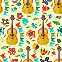 Seamless Festival Vector Pattern With Guitar And Flowers. Colorful Mexican Musical Background, Fiesta Carnival Symbol.