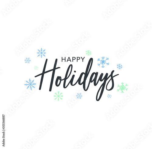Cuadros en Lienzo Happy Holidays Calligraphy Vector Text With Hand Drawn Blue Winter Snowflakes Ov