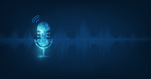 Vector Abstract Icon Microphone On Digital Sound Wave On Dark Blue Color Background.voice Recognition Concept