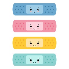 Set of color kawaii band aid icon on white background. vector illustration