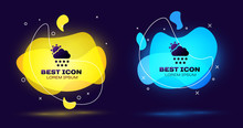 Black Cloud With Snow And Sun Icon Isolated On Dark Blue Background. Cloud With Snowflakes. Single Weather Icon. Snowing Sign. Set Abstract Banner With Liquid Shapes. Vector Illustration