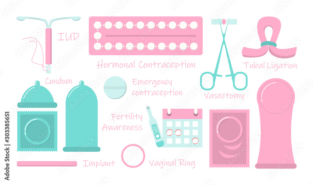 Contraception methods set vector isolated. Implant, female - obrazy, fototapety, plakaty 