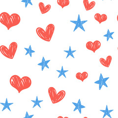 Heart and star doodles seamless pattern. Love and sky texture background.