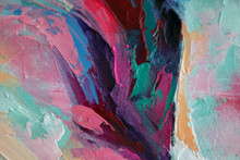 Fragment. Multicolored Texture Painting. Abstract Art Background. Oil On Canvas. Rough Brushstrokes Of Paint. Closeup Of A Painting By Oil And Palette Knife. Highly-textured, High Quality Details.