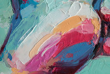Fragment. Multicolored Texture Painting. Abstract Art Background. Oil On Canvas. Rough Brushstrokes Of Paint. Closeup Of A Painting By Oil And Palette Knife. Highly-textured, High Quality Details.
