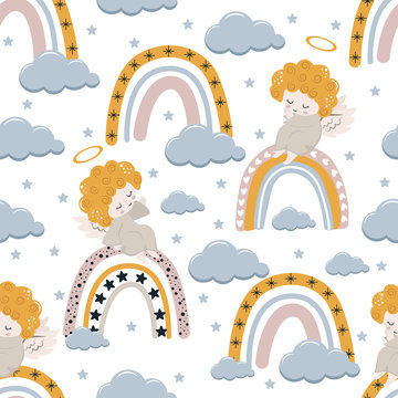 seamless pattern with angel and rainbow - vector illustration, eps