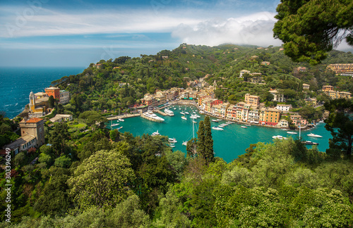 Panorama of Portofino town with multicolored houses and villas, sea and harbor b Poster Mural XXL