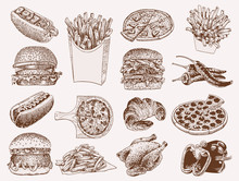Graphical Vintage Fast Food Set ,sepia Background,fast Food Vector Illustration
