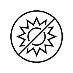 No sun icon. Line style symbol of sun rays prohibition. Do not expose to sunlight sign. Adjustable stroke width.