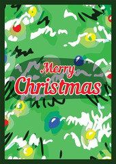 Merry christmas greeting card with abstract cartoon decoraed christmas tree background