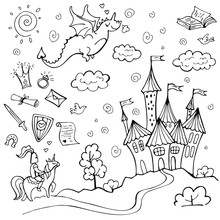Hand Drawn Doodle Fairytale Set Isolated On White. Dragon, Knight, Road, Castle, Sun. Vector Illustration. Perfect For Invitation, Greeting Card, Coloring Book, Textile Print.