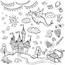 Hand Drawn Doodle Dragon And Fairytale Set Isolated On White. Vector Illustration. Perfect For Invitation, Greeting Card, Coloring Book, Textile Print.