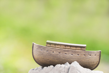 Miniature Noah's Ark on Mountain.Biblical series, Noah and the ark before great flood.