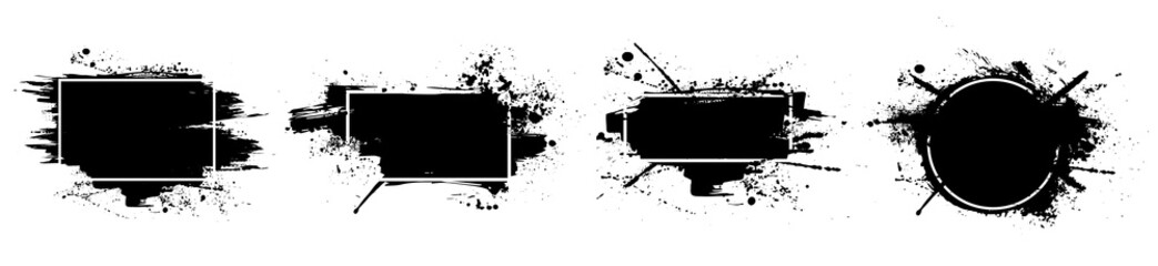 Fototapete - Black grunge with frame. Dirty artistic design elements, boxes, frames for text. Black splashes isolated on white background. Set of black paint, ink brush strokes, brushes, lines. Vector set