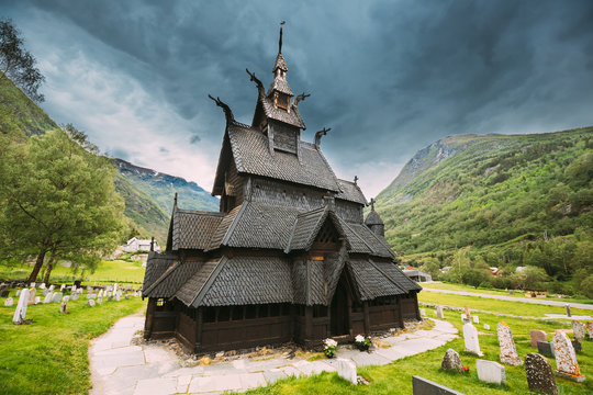 borgund, norway. famous landmark stavkirke an old wooden triple nave stave church in summer day. anc