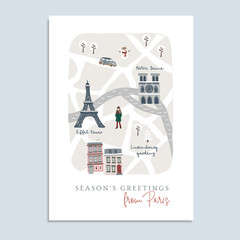 Cute Christmas greeting card, invitation with map of Paris. Hand drawn French streets, houses, Notre Dam cathedral and Eiffel tower. Winter design with warm dressed girl.Vector illustration background