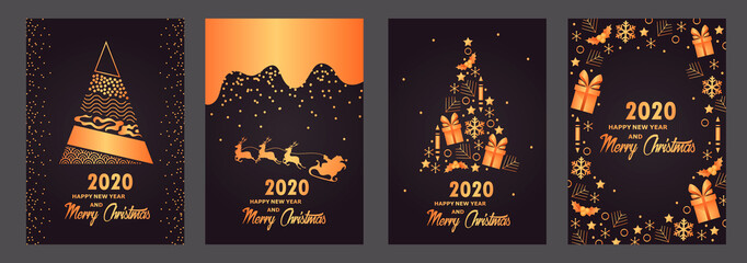 Wall Mural - New Year and Christmas 2020. Christmas tree. A set of templates for Christmas banners, cards, flyers, posters, covers. Golden gradient. EPS 10 Vector