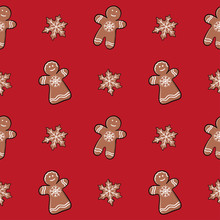 Seamless Christmas Pattern With Gingerbread. Endless Texture For Textile, Scrapbook, Wrapping Paper.Cute New Year Vector Pattern. Gingerbread Snowflake,gingerbread Girl, Gingerbread Boy