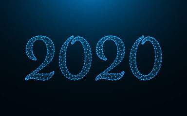 Poster - New Year 2020 template design, wireframe mesh polygonal vector illustration made from points and lines on a dark blue background