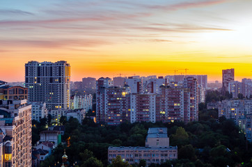 Odessa city, Ukraine, view from above on the evening city during sunset