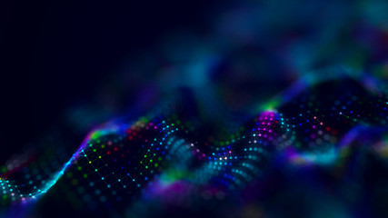Fototapete - Wave of musical sounds. Abstract background with interweaving of dots and lines. 3D rendering.