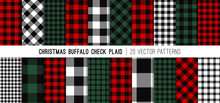 Christmas Buffalo Check Plaid Vector Patterns In Red, Green, White And Black. Set Of 20 Lumberjack Flannel Shirt Fabric Textures. Rustic Xmas Backgrounds. Pattern Tile Swatches Included.