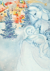 Wall Mural - Nativity scene. Merry Christmas watercolor background