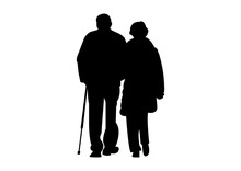 Silhouette Of Two Old People On White