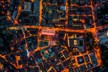 Overhead Aerial Drone Night Shot Of City Street Lights In Lugano, Switzerland