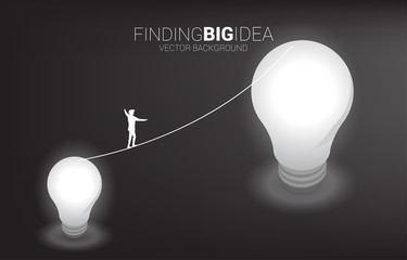 Poster - Silhouette of businessman walking on rope walk from small bulb to big one.Concept for business risk for finding big idea and design thinking