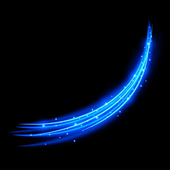 Light effect with curve trail and blue sparkles on black background