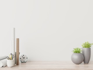 Modern workplace with creative desk with plants have white wall.