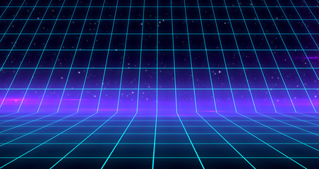 Wall Mural - Retro Sci-Fi Background Futuristic Grid landscape of the 80`s. Digital Cyber Surface. Suitable for design in the style of the 1980`s. 3D illustration