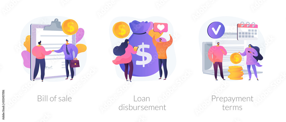 Financial agreement signing flat icons set. Legal document, business papers. Bill of sale, loan disbursement, prepayment terms metaphors. Vector isolated concept metaphor illustrations. - obrazy, fototapety, plakaty 