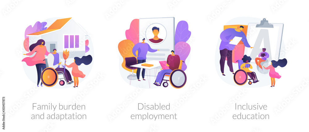 Handicapped people support and rehabilitation flat icons set. Social adaptation of disabled people, disabled employment, inclusive education metaphors. Vector isolated concept metaphor illustrations. - obrazy, fototapety, plakaty 